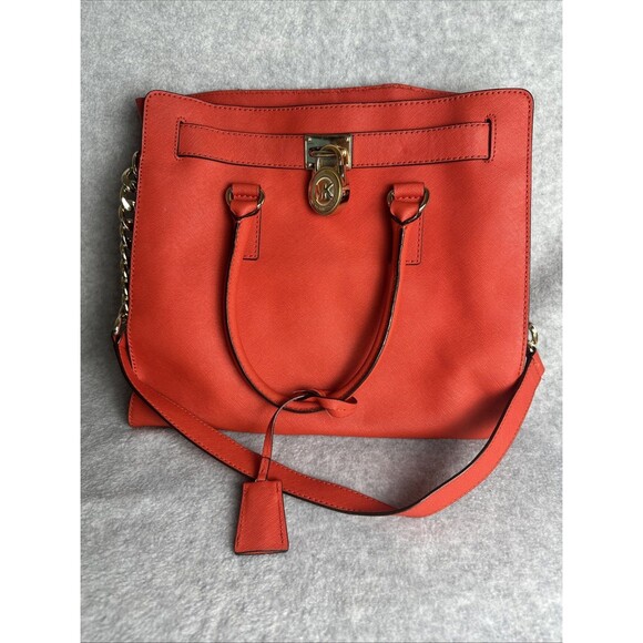 Michael Kors Handbags - MICHAEL KORS Hamilton Coral Red Saffiano Leather Gold HW E/W Large Satchel Bag